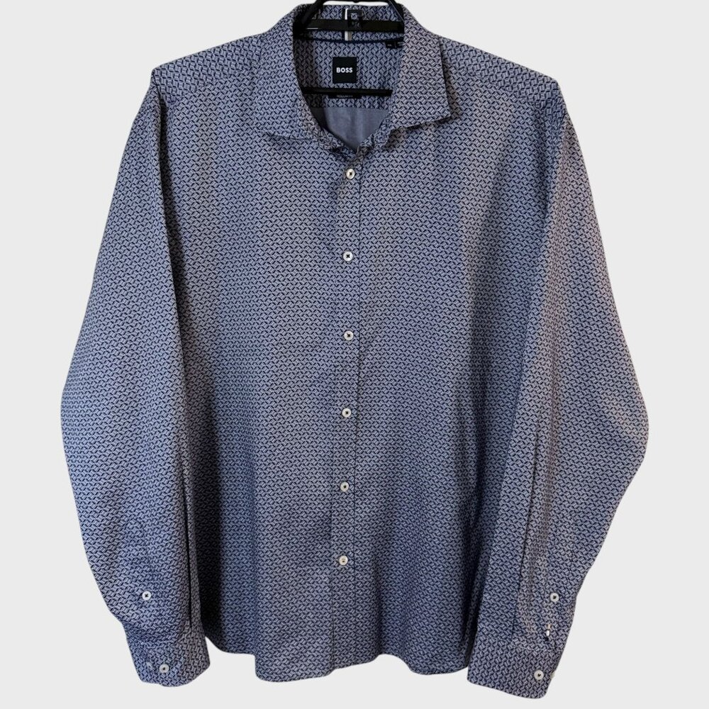 Hugo Boss Liam Regular Fit Geometric Button-Up Dress Shirt Blue Men's Size XXL